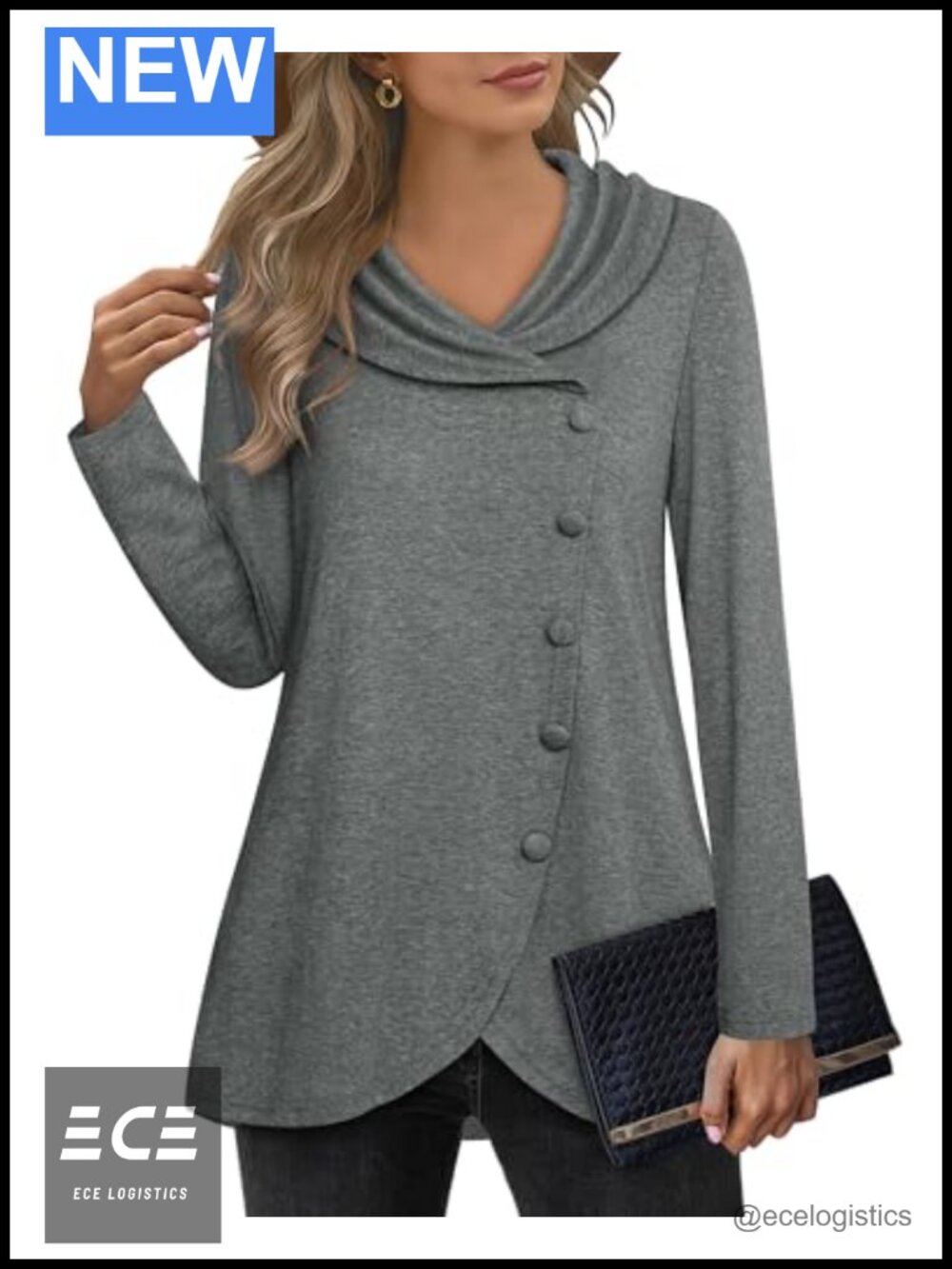 Womens Long Sleeve Button Side Tulip Hem Lapel Pullover Sweatshirt Tunic